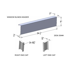 May include: Diagram of a window blinds header and end caps. The header is 61.6 cm long, 12.7 cm high, and 5.1 cm wide. The end caps are labelled "Right End Cap" and "Left End Cap". The material is 20GA 304#4.