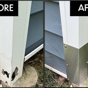 May include: Before and after comparison of a white corner post. The "BEFORE" image shows significant damage to the post. The "AFTER" image shows the post protected with a metal corner guard. The background features blue siding.