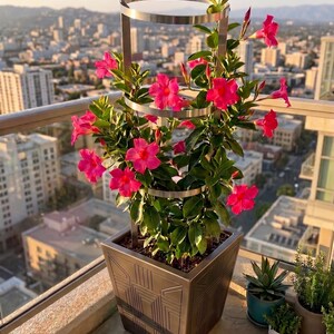 May include: A Mandevilla plant with vibrant pink flowers and green leaves growing on a silver metal circular trellis, housed in a square bronze-colored planter with geometric embossed patterns on the exterior sides.