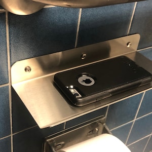 Heavy-Duty 16ga Brushed 304 Stainless Steel 4&quot; x 10&quot; Bathroom Phone Shelf / Phone and Keys Convenience Shelf (Mounting Flange Up)