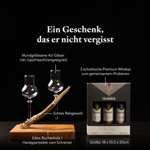 May include: A gift set featuring three miniature bottles of Glenfiddich single malt Scotch whisky, ages 12, 15, and 18 years. The set includes two hand-blown 4cl glasses and a wooden stand with a real antler. The stand is 18 inches by 10.5 inches by 20 inches.