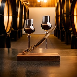 Könnte beinhalten: Zwei klare Gläser mit einem dunkelbernsteinfarbenen Getränk stehen auf einem Holzsockel mit einem daran befestigten braunen Geweih. Die Gläser sind auf dem Geweih positioniert, das an der Basis befestigt ist. Der Hintergrund ist verschwommen und zeigt Reihen von Holzfässern.