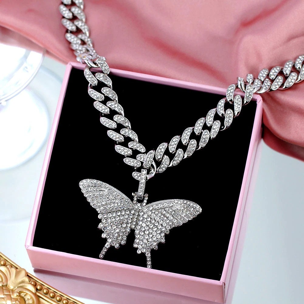 Luxury Miami Cuban link Necklace 12m Butterfly Cuban link chain Iced Out Butterfly Cuban Choker Gold Color Butterfly choker Cuban Pendant