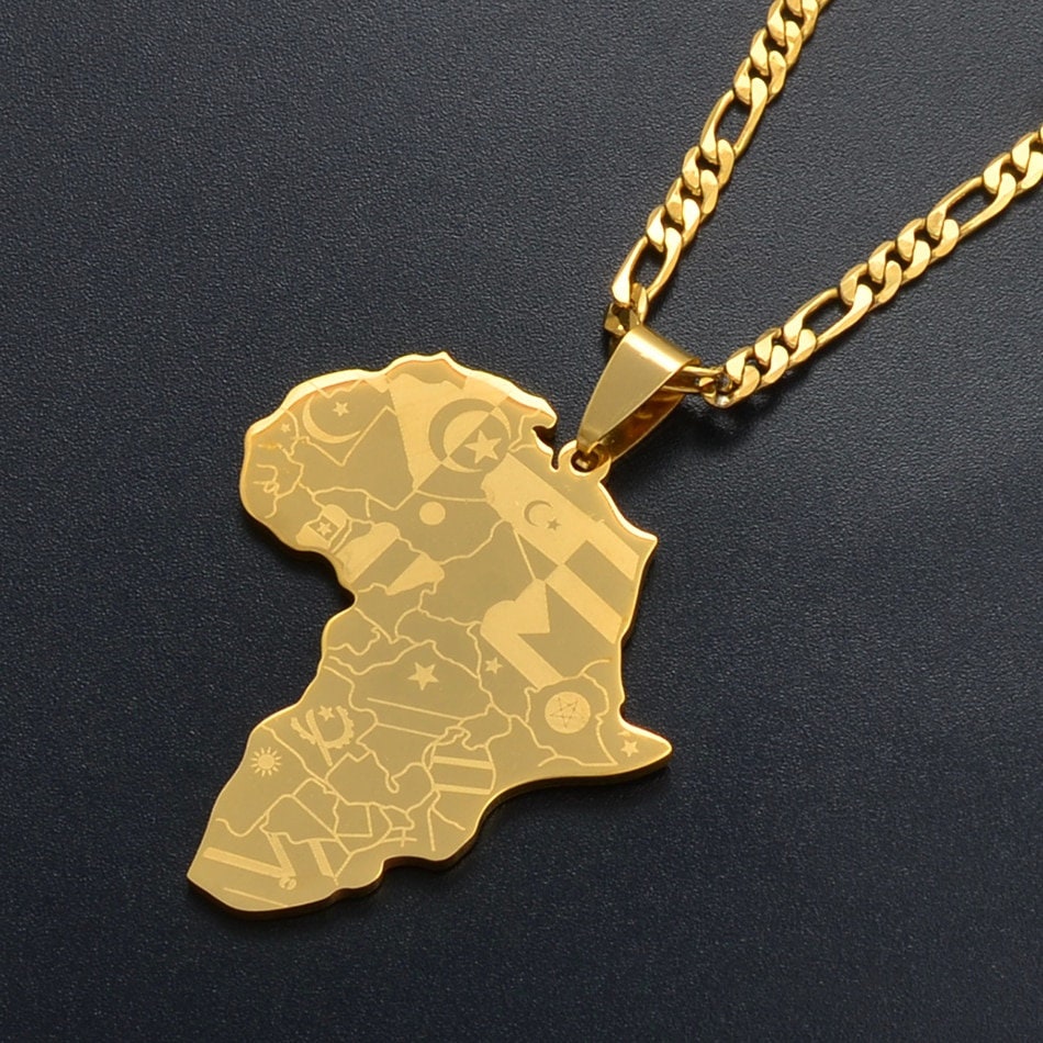 Fist Power in Pan African Colored Africa Map Pendant 18,20,22,24 Various Chain Necklace in Gold Tone Fist Power in Pan African Colored Africa Map Pendant 18,20,22,24 Various Chain Necklace in Gold Tone