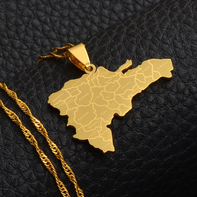 18K Gold Plated Dominican Republic Map Necklace W/city Names Etsy