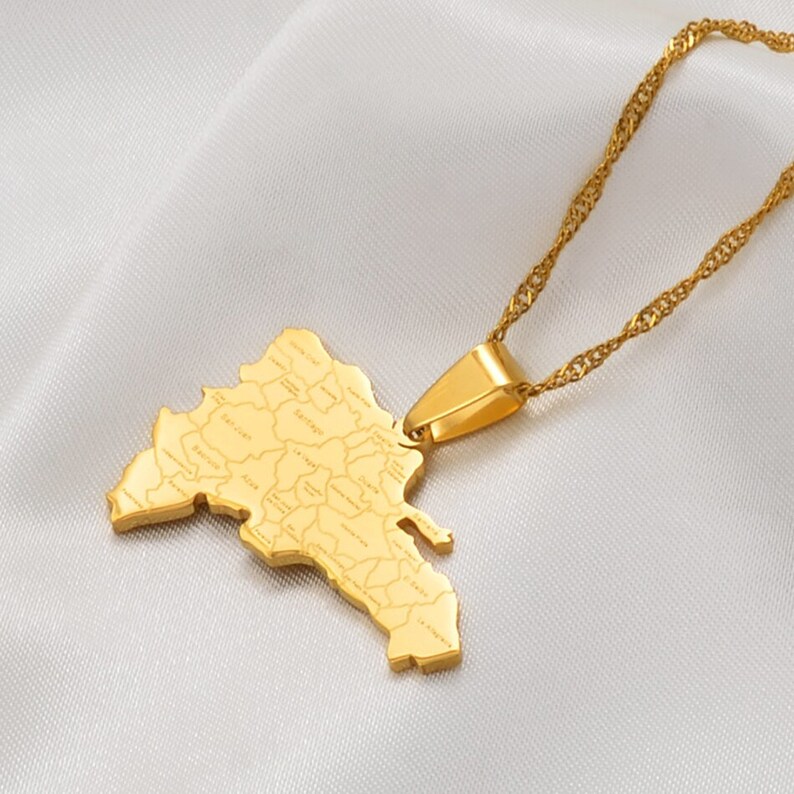 18K Gold Plated Dominican Republic Map Necklace W/city Names Etsy