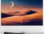 Desert Night Canvas Art: Crescent Moon, Starry Sky Landscape