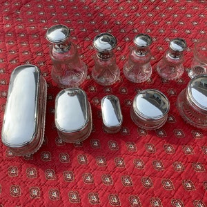 10 pc silver and crystal dressing table set