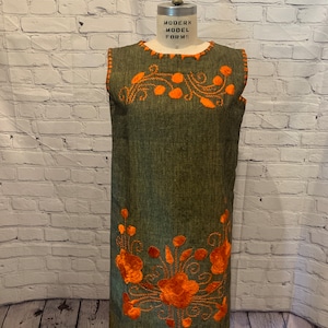 Vintage Sheath Dress 60&#39;s Orange  Embroidery