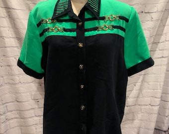 Camisa vintage de los años 80 con cuello de rayas azules y verdes de City Girl Sport