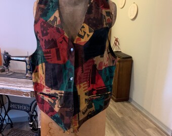 Chaleco vintage de cuero con patchwork, estilo boho de los 80 y 90.