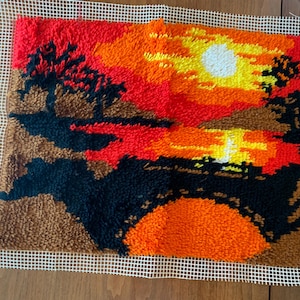 Vintage 1970s Earth Tone Sunset Latch hook rug Wall Art