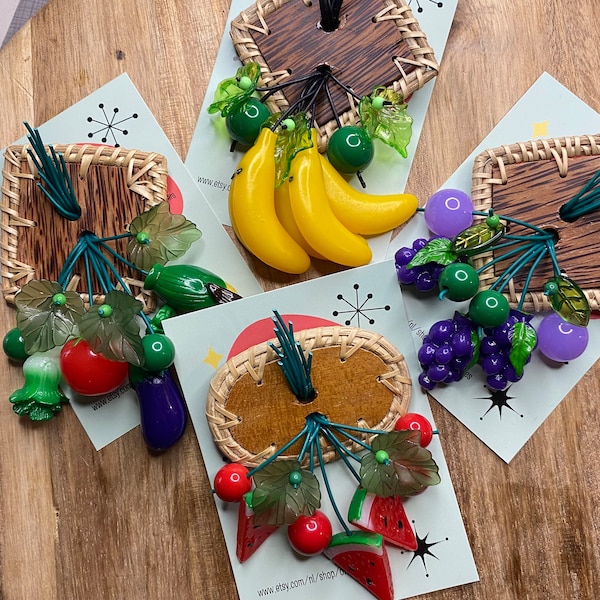 Broches de légumes de fruits en bakélite 1940 nouveauté vintage inspiré reproduction vlv fruit carmen miranda bol de légumes, banane, raisin, pastèque