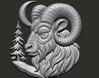 Goat Head Relief Ram STL Personalized 3D File Model Wall Art for CNC Laser Cut Resin Printing Projects CNC Router Wood Carving