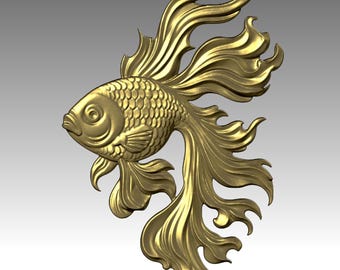 Modello STL di pesce rosso - Scultura 3D in altorilievo di un pesce con pinna fluente per la stampa 3D con percorso CNC. File STL per stampa 3D.