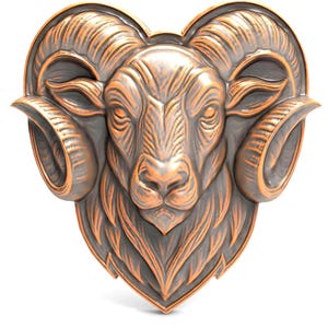 May include: A bronze-colored ram head sculpture with detailed fur and horns. The ram's head is centered on a heart-shaped base. The sculpture has a metallic finish and is set against a white background.
