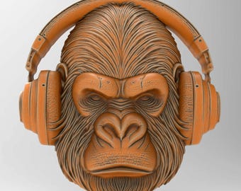 Modelo 3D STL de un gorila DJ con auriculares para impresión CNC, fresadora, grabado láser, figura de animal salvaje, decoración musical para pared.