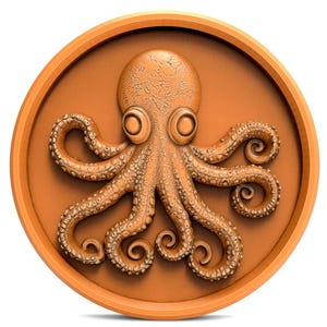 Polvo de moeda redonda Arquivo STL Kraken Arte de parede náutica Modelo 3D para roteador CNC Impressão 3D Criatura marinha Relevo animal Download digital