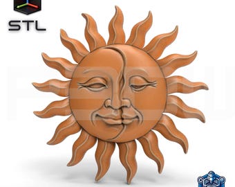 Medalion wypukły STL z tarczą słońca i księżyca, okrągła rzeźba nieba do druku 3D CNC, rzeźba wypukła CNC do drewna, druk 3D lub grawerowanie laserowe