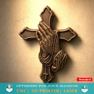 May include: A bronze-toned wall plaque featuring a cross with a relief sculpture of praying hands holding a beaded rosary. The design includes a small cross pendant hanging from the beads. The text "Personalize it!" appears in a red rectangular box.