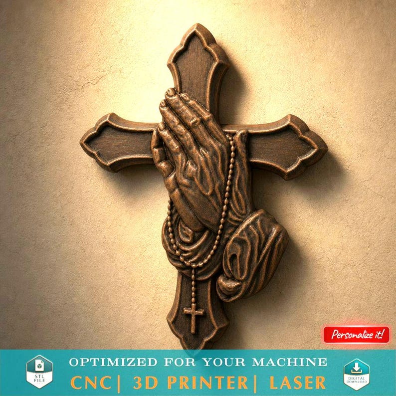 May include: A bronze-toned wall plaque featuring a cross with a relief sculpture of praying hands holding a beaded rosary. The design includes a small cross pendant hanging from the beads. The text "Personalize it!" appears in a red rectangular box.