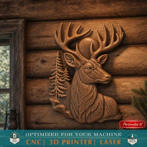 Archivo STL de relieve de cabeza de ciervo para tallado CNC, impresión 3D, astas rústicas, pino, luna, vida silvestre, arte de pared, cabaña natural, grabado láser