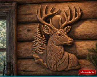 Deer Head Relief STL File for CNC Carving 3D Printing Rustic Antlers Pine Tree Moon Wildlife Wall Art Lodge Nature Cabin Laser Engraving