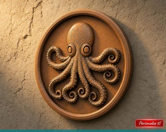 Octopus met ronde munt STL-bestand Kraken Nautical Wall Art 3D-model voor CNC-router 3D-printen Sea Creature Animal Relief Digitale download
