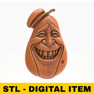 File STL per router CNC, stampante 3D, laser, sorridente, faccia di pera, personaggio di frutta divertente, arte murale, cartone animato, scultura digitale in rilievo con cappello