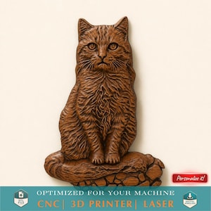 3D Printable Sitting Cat Flat Back STL File For CNC Router 3D Printer Laser Digital Model CNC Router Wood Carving Model