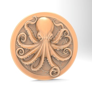 Octopus Coin 3D Model for CNC and 3D Printing - Detailed Nautical Plaque CNC Printable STL File 3D Model For Router