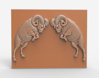 Ram Battle Relief Plaque STL File 3D Model with Curved Horns CNC Carving Laser Engraving 3D Printing Aries Zodiac Wildlife Plaque Download