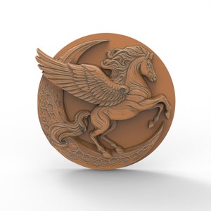 Pegasus & Moon Mythical Animal Wall Art Relief Round Medallion Pendant STL File Fantasy Art Carving For CNC Router 3D Printer Digital Model
