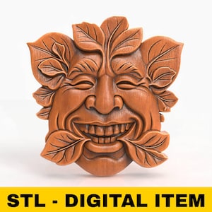 Smiling Green Man Wall Plaque STL File for CNC Carving Leaf Face Relief Digital Art for Garden Decor Resin Mold 3D Print Rustic Wood Panel