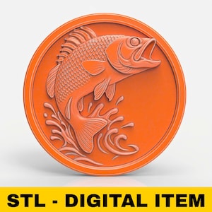 Bass Fish Coin Medallion Jumping Fish Fishing Wall Art Water Splash Relief Outdoor Lodge STL File for CNC Router 3D Printer Laser Engraving