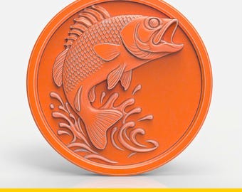 Bass Fish Coin Medallion Jumping Fish Fishing Wall Art Water Splash Relief Outdoor Lodge STL File for CNC Router 3D Printer Laser Engraving