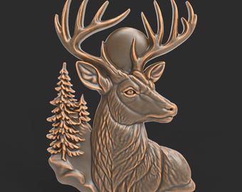 Hertenkop reliëf STL-bestand voor CNC-snijwerk 3D-printen Rustiek gewei Dennenboom Maan Wildlife Wall Art Lodge Natuurcabine Lasergravure