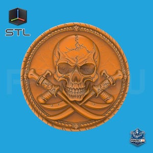 May include: A 3D printed, orange-colored, skull and crossbones design. The skull has a detailed, cracked texture. The crossbones are made of two swords with ornate handles.