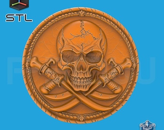 Pirate Skull STL Model – Crossed Swords Medallion Relief for CNC and 3D Printing – Nautical Wall Art or Pirate Decor Digital Download