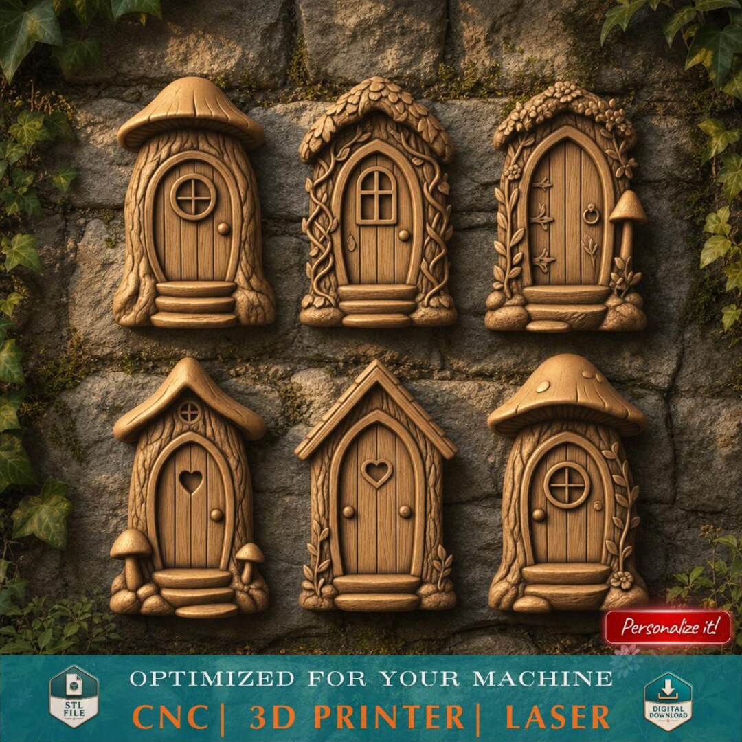 Fairy Door STL File Set of 6 Hobbit Doors for CNC Carving 3D Printing ...