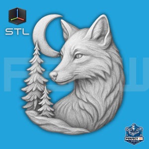 May include: A 3D printed model of a fox's head with a crescent moon and two pine trees behind it. The model is in a grayscale color scheme and has a textured surface. The text "STL" is visible in the top left corner of the image.