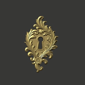 Floral Keyhole STL File for CNC Carving 3D Printing Rococo Escutcheon Plate Scroll Applique Lock Cover Vintage Furniture Restoration Decor