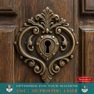 Baroque Heart Shaped Keyhole, STL File 3D Model for CNC Router and 3D Printing, Door Locker - Vintage Replacement Part for Doors and Drawers