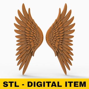 Könnte beinhalten: Zwei symmetrische, detaillierte, bronzefarbene Engelsflügel vor weißem Hintergrund. Der Text "STL - DIGITAL ITEM" befindet sich in einem gelben Feld am unteren Bildrand.