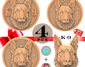 K-9 Duitse herder politiehond hoofd gepersonaliseerd gedenkteken 3D-afdrukbaar muurplaquette STL-bestand voor CNC-router 3D-printer Laserbundelpakket