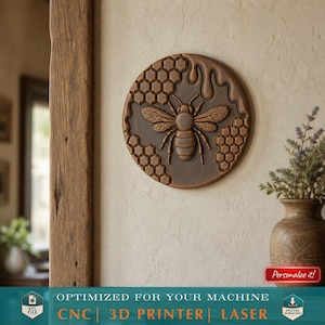 Modello 3D in formato STL a rilievo di un nido d'ape, ideale per lavorazione CNC, stampa 3D, incisione laser e come medaglione decorativo da parete ispirato alla natura.