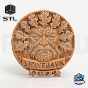 STL Files For CNC Router 3D printer File Stonebark Green Man – Earth Elemental Round Relief Plaque with Scroll Banner STL - Digital Download