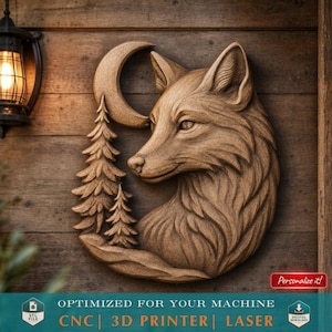 Fox STL Model – Crescent Moon Forest Fox Relief for CNC and 3D Printing – Woodland Wall Art Digital Download CNC Router Wood Carving Model