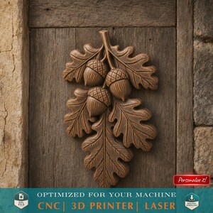 Oak Leaf Acorn Leaves 3D Relief STL File 3D Model for CNC Laser Engraving 3D Printing Furniture Appligue Decor image 2