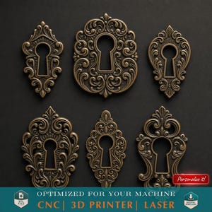 Set Vintage Keyhole STL File 3d Model Ornate Escutcheon Plate for CNC & 3D Print Sculptural Rococo Lock Cover for Furniture Door Ornament